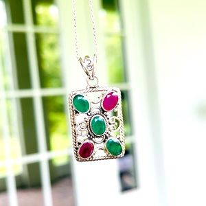 Green emerald and Red Ruby quartz in 925 Sterling Silver Pendant